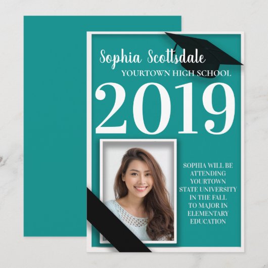 Blauwgroen en wit Afstuderen Fotoaankondiging Kaart (Voorkant / Achterkant)