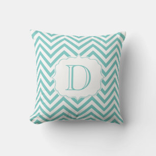 Blauwgroen en wit Chevron Pattern Monogram Kussen