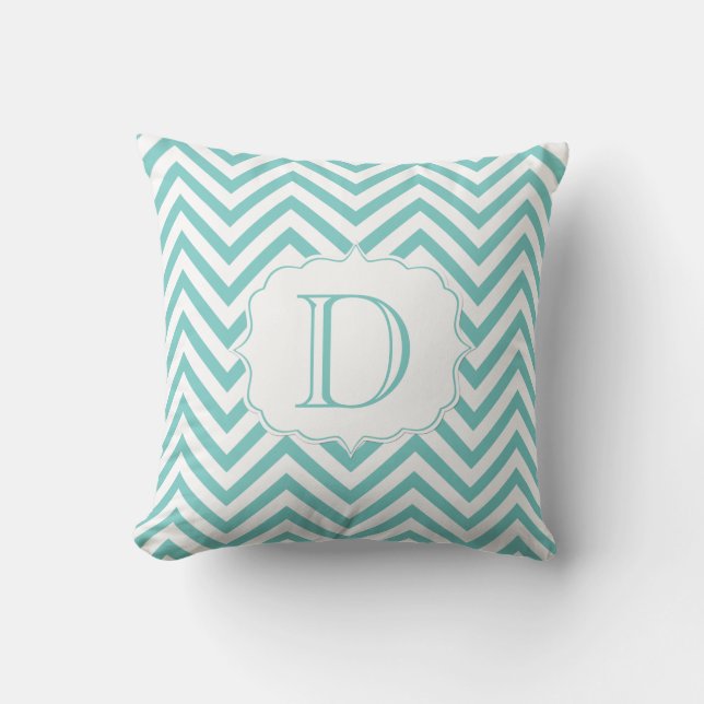 Blauwgroen en wit Chevron Pattern Monogram Kussen (Voorkant)