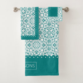 Blauwgroen en wit demaspatroon, gescallopeerde ran bad handdoek