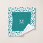 Blauwgroen en wit demaspatroon, gescallopeerde ran bad handdoek (Wasdoekje)