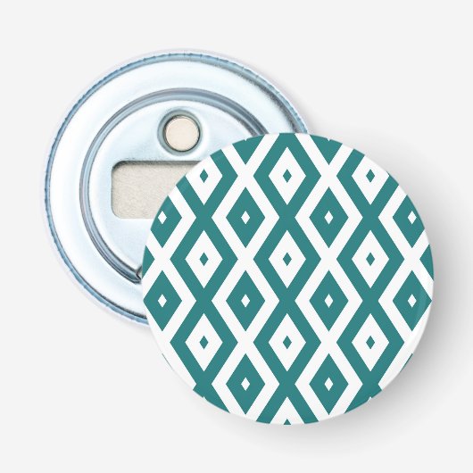 Blauwgroen en wit diamantpatroon button flesopener (Voorkant)