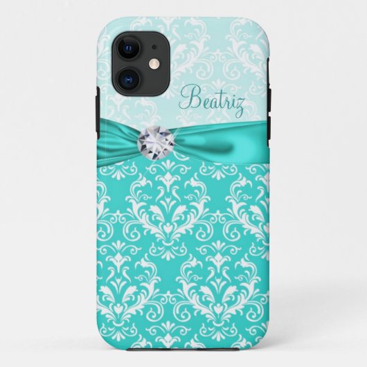 Blauwgroen en wit elegant Damask Faux Ribbon & Dia Case-Mate iPhone Case (Achterkant)