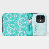 Blauwgroen en wit elegant Damask Faux Ribbon & Dia Case-Mate iPhone Case (Achterkant (horizontaal))