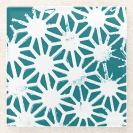 Blauwgroen en wit geometrisch patroon glazen onderzetter