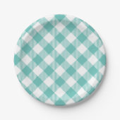Blauwgroen en wit Gingham Plaid Papieren Bordje (Voorkant)
