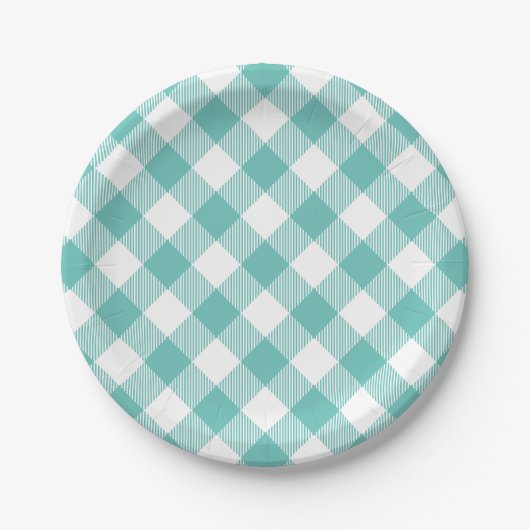 Blauwgroen en wit Gingham Plaid Papieren Bordje (Voorkant)