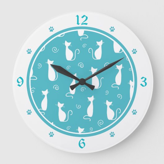 Blauwgroen en wit kattenpatroon grote klok (Voorkant)