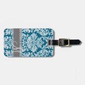 Blauwgroen en wit kleurenbordDamaspatroon Bagagelabel (Voorkant horizontaal)
