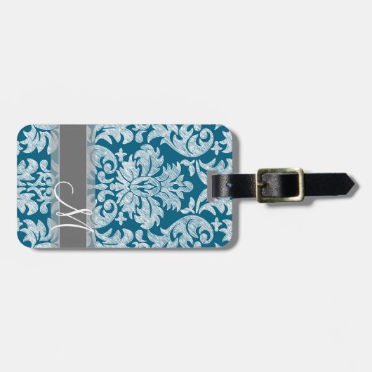 Blauwgroen en wit kleurenbordDamaspatroon Bagagelabel (Voorkant horizontaal)