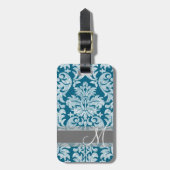 Blauwgroen en wit kleurenbordDamaspatroon Bagagelabel (Voorkant verticaal)
