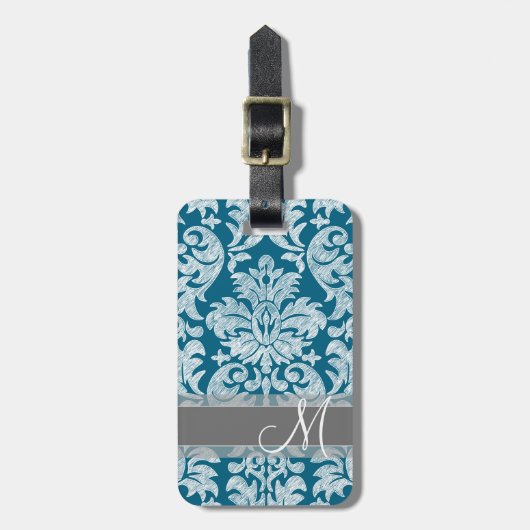 Blauwgroen en wit kleurenbordDamaspatroon Bagagelabel (Voorkant verticaal)