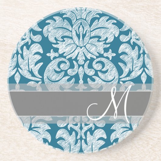 Blauwgroen en wit kleurenbordDamaspatroon Zandsteen Onderzetter (Voorkant)
