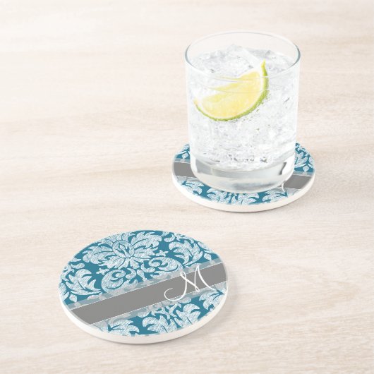 Blauwgroen en wit kleurenbordDamaspatroon Zandsteen Onderzetter (Zijkant)