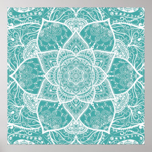 Blauwgroen en wit Mandala - Loergann in Blue Spruc Poster