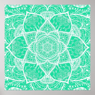 Blauwgroen en wit Mandala - Loergann in Cedar Poster