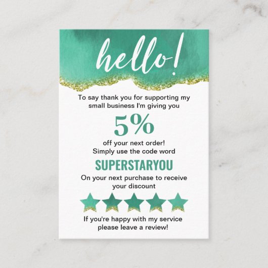 Blauwgroen en wit met Gold Glitter Dank u Logo Visitekaartje (Voorkant)