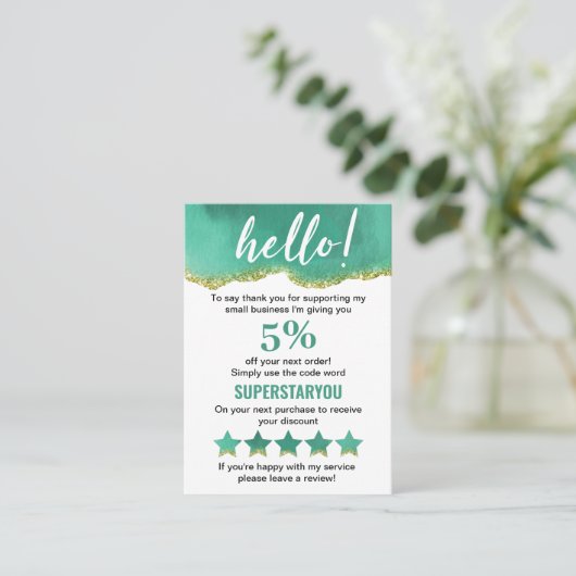 Blauwgroen en wit met Gold Glitter Dank u Logo Visitekaartje (Staand voorkant)