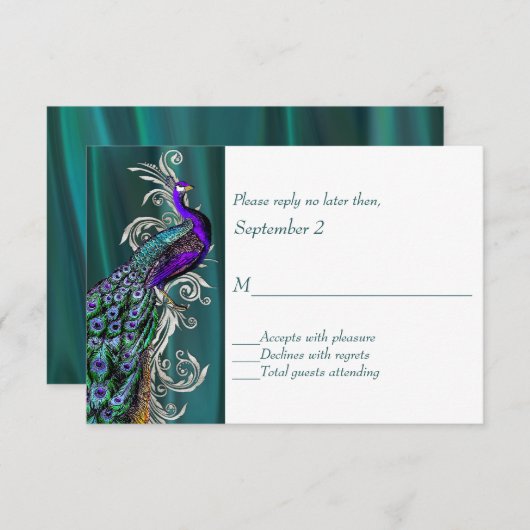 Blauwgroen en wit met pauw bruiloft RSVP Kaart (Voorkant / Achterkant)