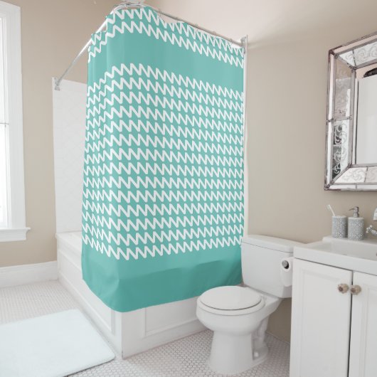 Blauwgroen en wit Modern Sharp Waves Douchegordijn (In situ)