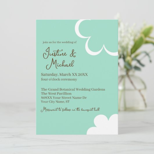 Blauwgroen en wit Retro Flowers Bruiloft Kaart (Staand voorkant)