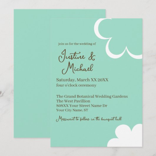 Blauwgroen en wit Retro Flowers Bruiloft Kaart (Voorkant / Achterkant)