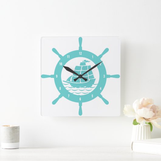 Blauwgroen en wit tandwiel vierkante klok (Huis)