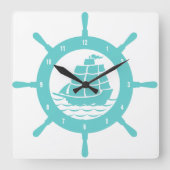 Blauwgroen en wit tandwiel vierkante klok (Voorkant)