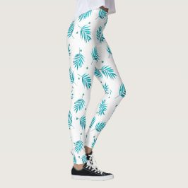 Blauwgroen en wit tropisch palmblad patroon leggings