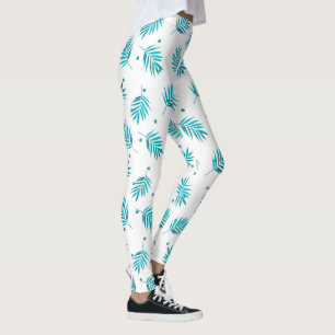 Blauwgroen en wit tropisch palmblad patroon leggings
