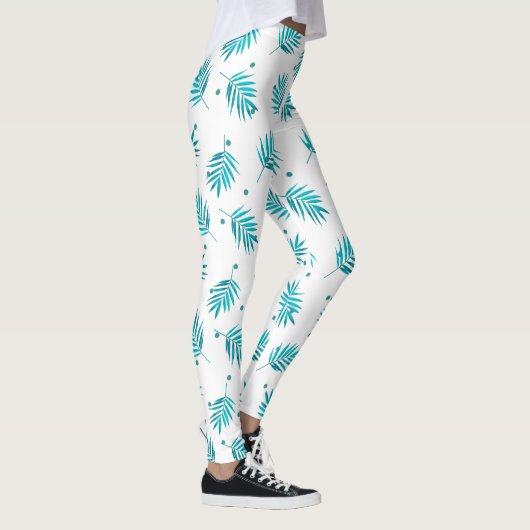 Blauwgroen en wit tropisch palmblad patroon leggings (Rechts)