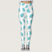 Blauwgroen en wit tropisch palmblad patroon leggings (Voorkant)