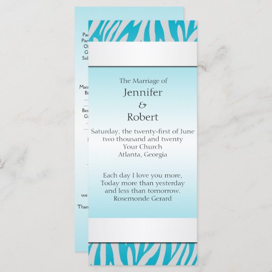 Blauwgroen en wit Zebra Diamond Wedding Programme Programmakaart (Voorkant / Achterkant)