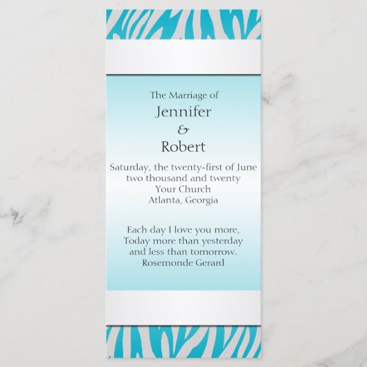 Blauwgroen en wit Zebra Diamond Wedding Programme Programmakaart (Voorkant)