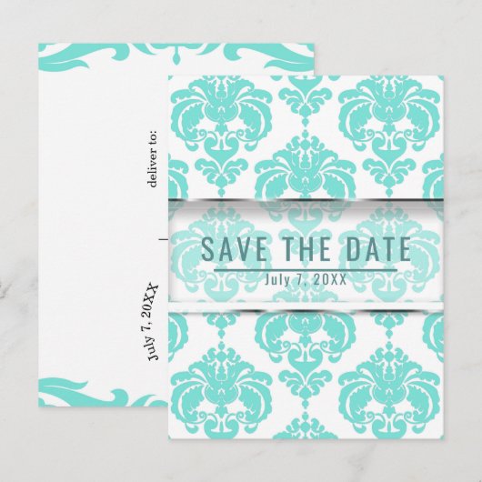 Blauwgroen en witte beschadigde chic Wedding Save Aankondigingskaart (Voorkant / Achterkant)