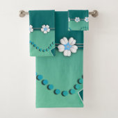 Blauwgroen en Witte Bloemen Hoortdoekset Bad Handdoek (Insitu)