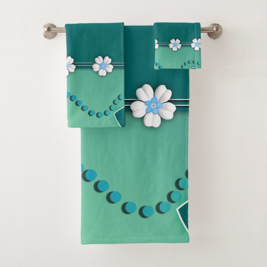 Blauwgroen en Witte Bloemen Hoortdoekset Bad Handdoek (Insitu)