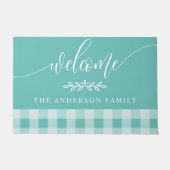 Blauwgroen en witte buffelcheque Welkom personalis Deurmat (Voorkant)