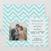 Blauwgroen en Witte Chevron Foto Wedding Invitatio Kaart (Voorkant / Achterkant)