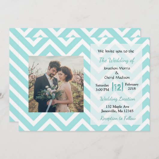 Blauwgroen en Witte Chevron Foto Wedding Invitatio Kaart (Voorkant / Achterkant)