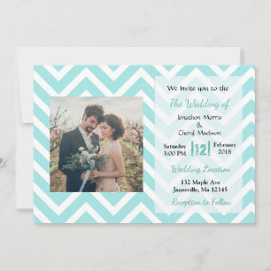 Blauwgroen en Witte Chevron Foto Wedding Invitatio Kaart
