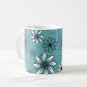 Blauwgroen en witte Daisy Pen en Ink Illustratie Koffiemok (Voorkant links)