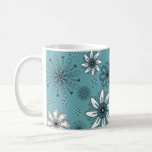 Blauwgroen en witte Daisy Pen en Ink Illustratie Koffiemok (Links)