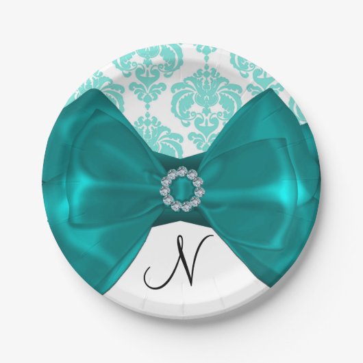 Blauwgroen en witte Damask Bling Bow Glam Sweet 16 Papieren Bordje (Voorkant)