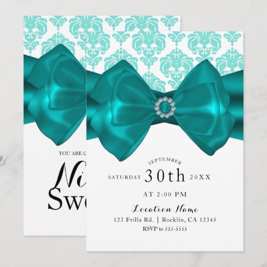 Blauwgroen en witte Damask Bow Glam Chic Sweet 16  Kaart (Voorkant / Achterkant)