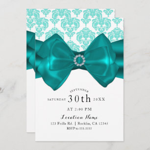 Blauwgroen en witte Damask Bow Glam Chic Sweet 16  Kaart