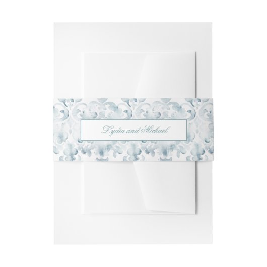 Blauwgroen en witte Damask Invitation Belly Band Uitnodigingen Wikkel (Voorkant Voorbeeld)