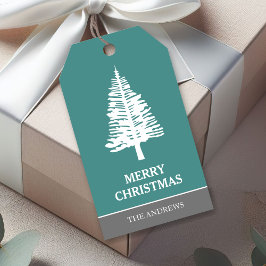 Blauwgroen en witte dennenboom kerst cadeaulabel