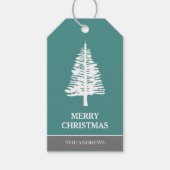 Blauwgroen en witte dennenboom kerst cadeaulabel (Voorkant)