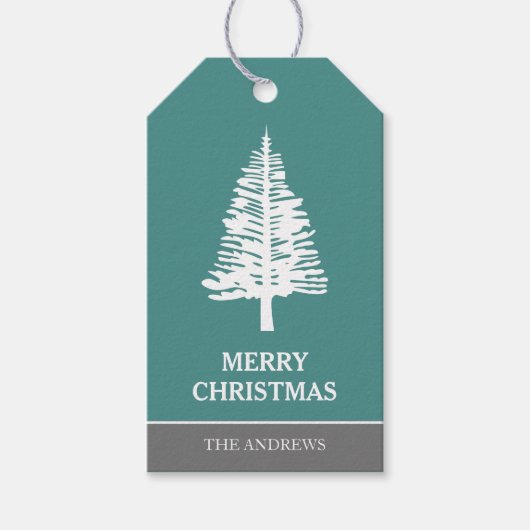 Blauwgroen en witte dennenboom kerst cadeaulabel (Voorkant)